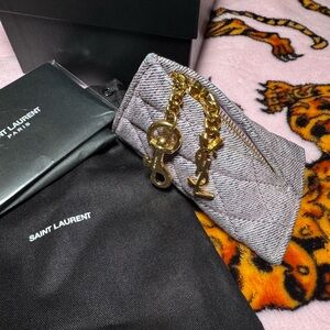 Saint Laurent Gray Tweed Chevron Wallet with Gold Chain